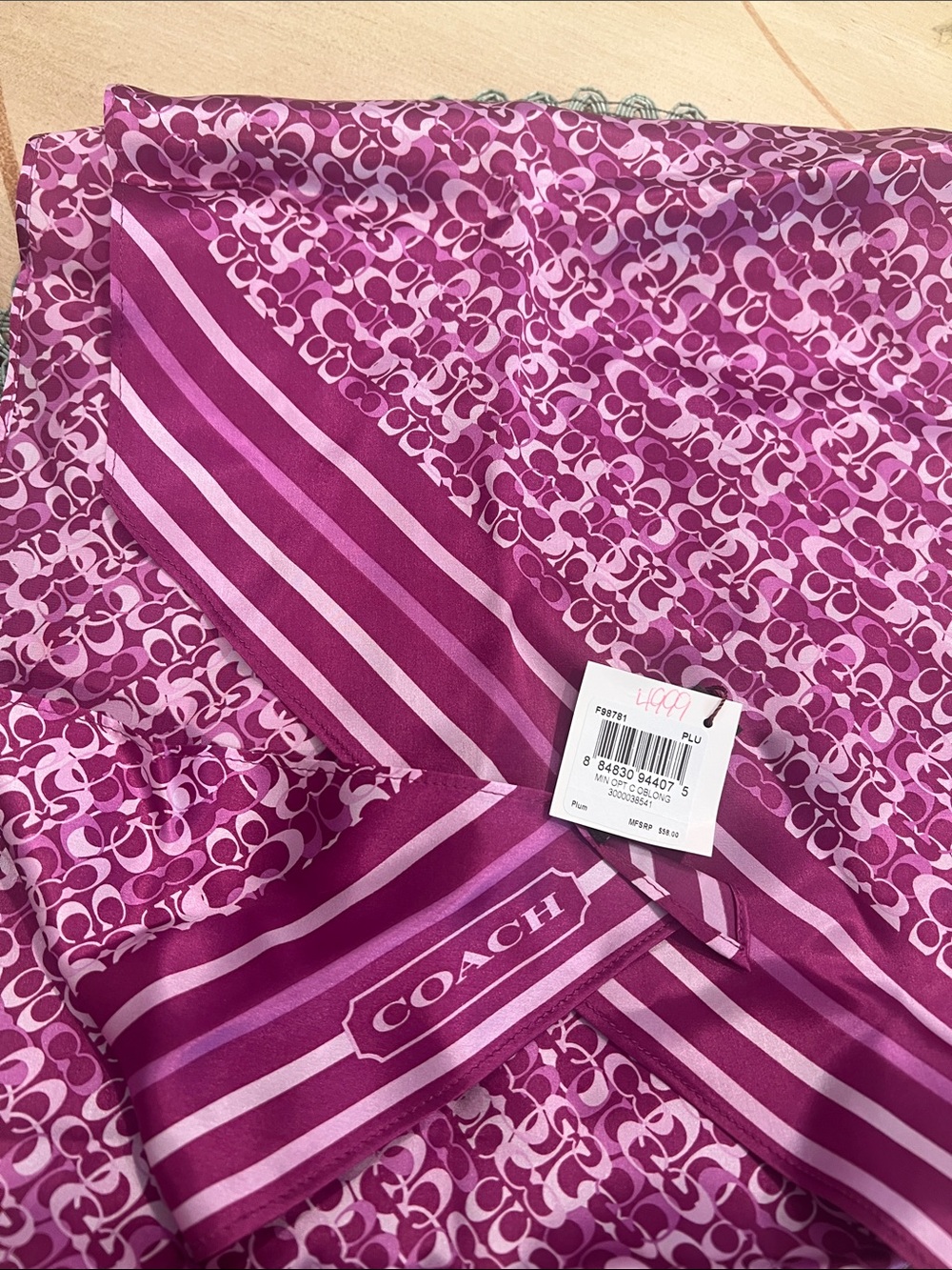 NWT COACH Pink Logo-Print Silk Scarf with Striped Border. 100% silk